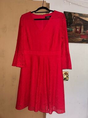 Nine West Bright Red Lace V-Neck Fit & Flare Dress
